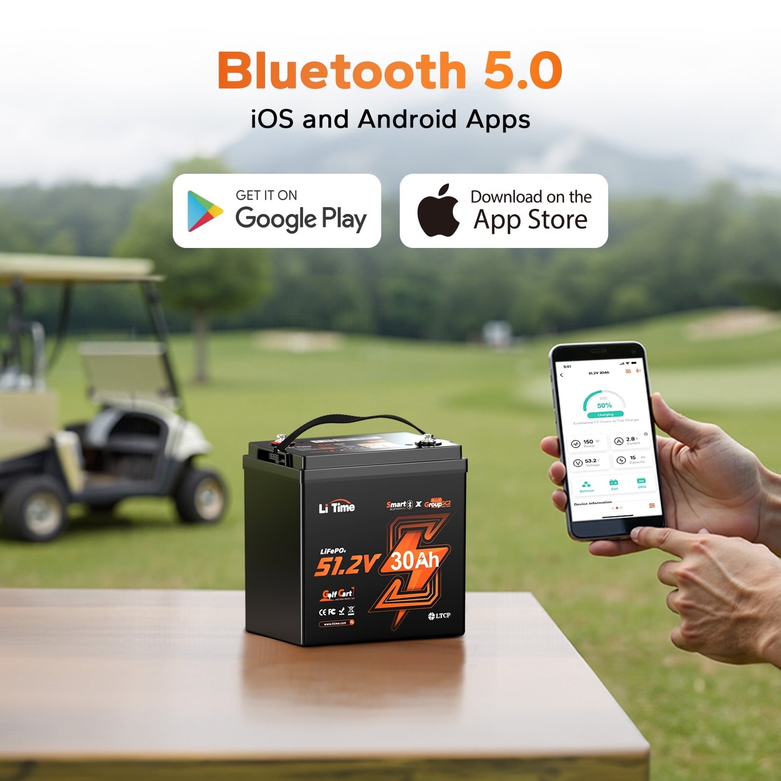 LiTime 48V 30Ah  Golf Cart Lithium Battery Bluetooth 100A BMS 5.12kW Power GC2 LiFePO4 Battery