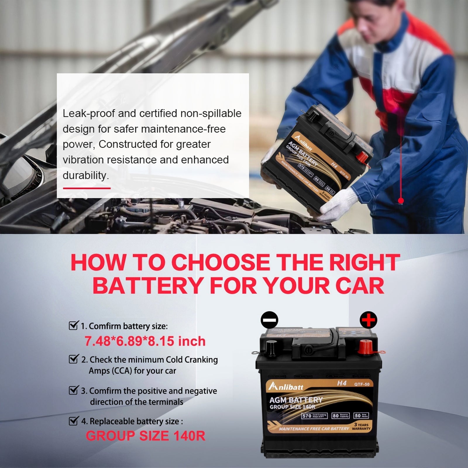 Anlibatt Car AGM Battery Group Size 48 H6 Start Stop Battery 12V 70Ah 760CCA Maintenance Free Rechargeable
