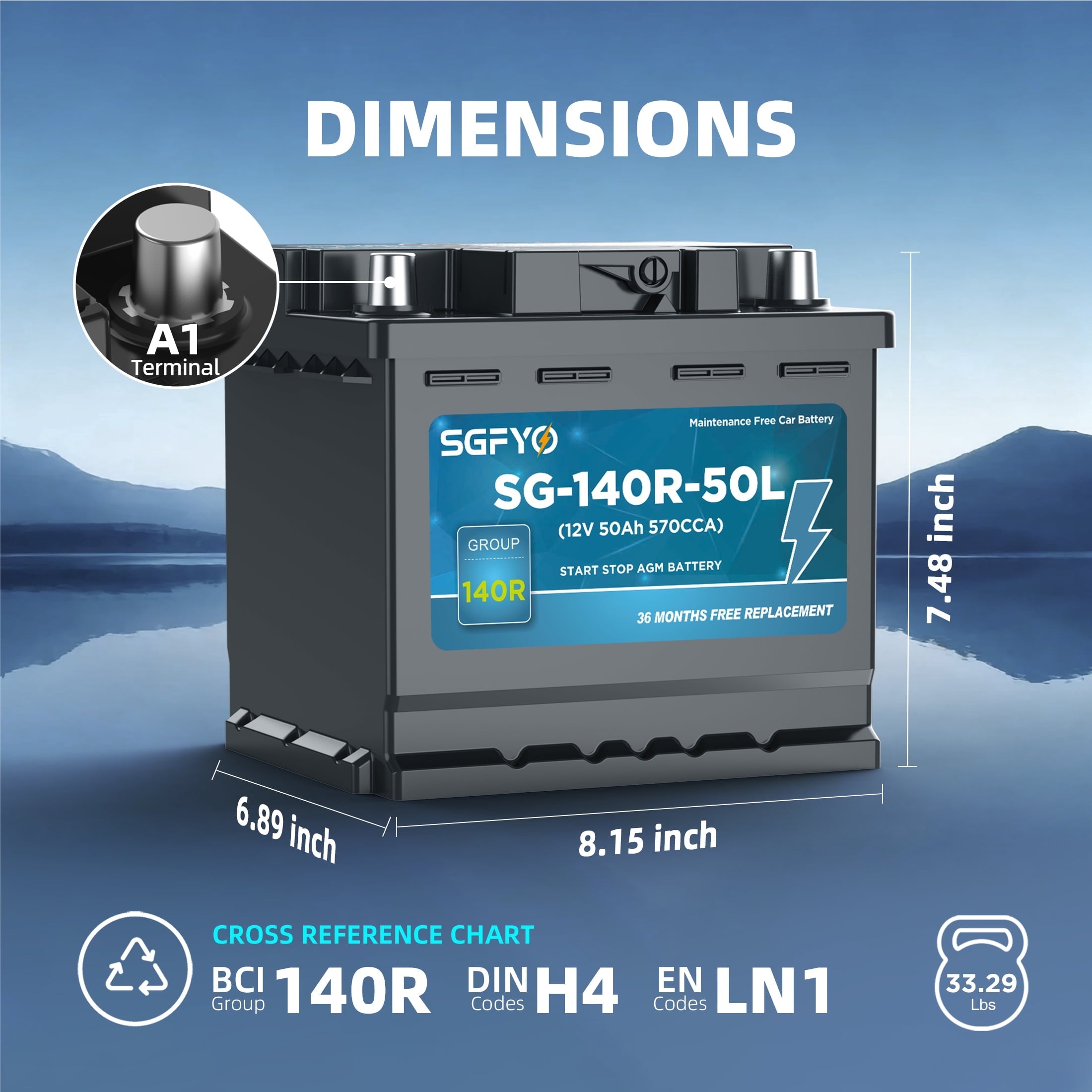 SGFYO Group Size 35 Car Battery,12V 55Ah 650CCA 88RC,AGM Maintenance Free Start Stop Automotive Replacement Battery
