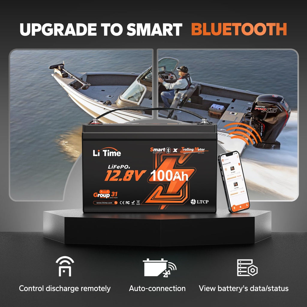 LiTime 12V 100Ah TM Bluetooth Lithium LiFePO4 Battery Low Temp Protection 1280W for Trolling Motor