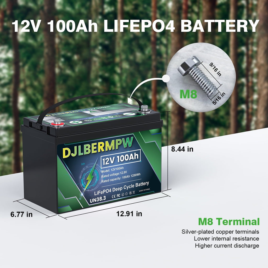 12V 100Ah Lithium Battery, 100A BMS Deep Cycle LiFePO4 Battery for Marine, RV, Solar System, Trolling Motor, Boat
