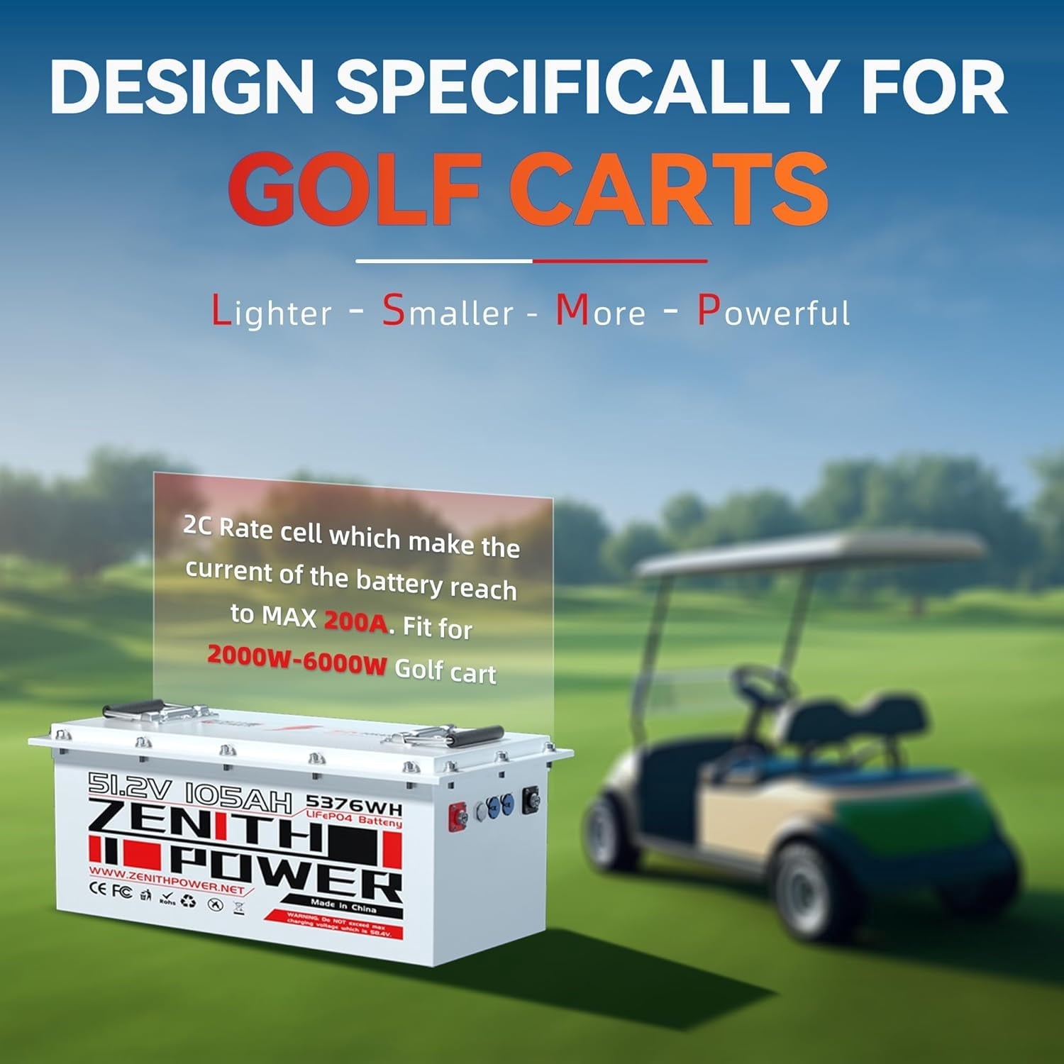 48V 105Ah LiFePO4 Golf Cart Lithium Battery, 200A BMS, 20A Charger, 4.3in LCD Display, 4000+ Deep Cycle Lithium Battery, Replacement for Lead-Acid in EZGO, Club Car, Yamaha