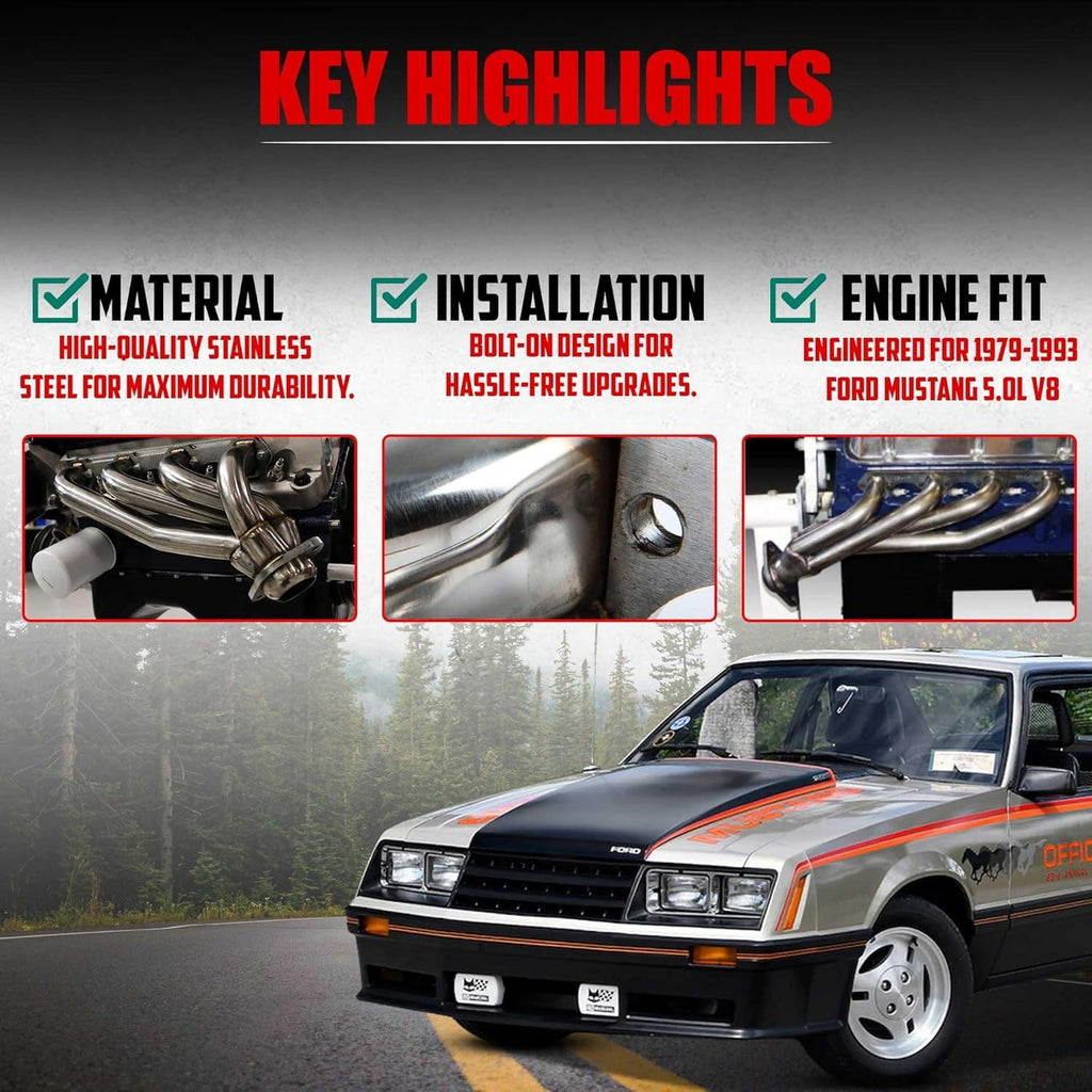 Polished 304 Stainless Steel Shorty Headers for 1979 1993 Ford Mustang 5.0L V8 Fox Body GT LX Upgraded Copper Gaskets Direct Bolt On Exhaust Manifold (Shorty Headers)