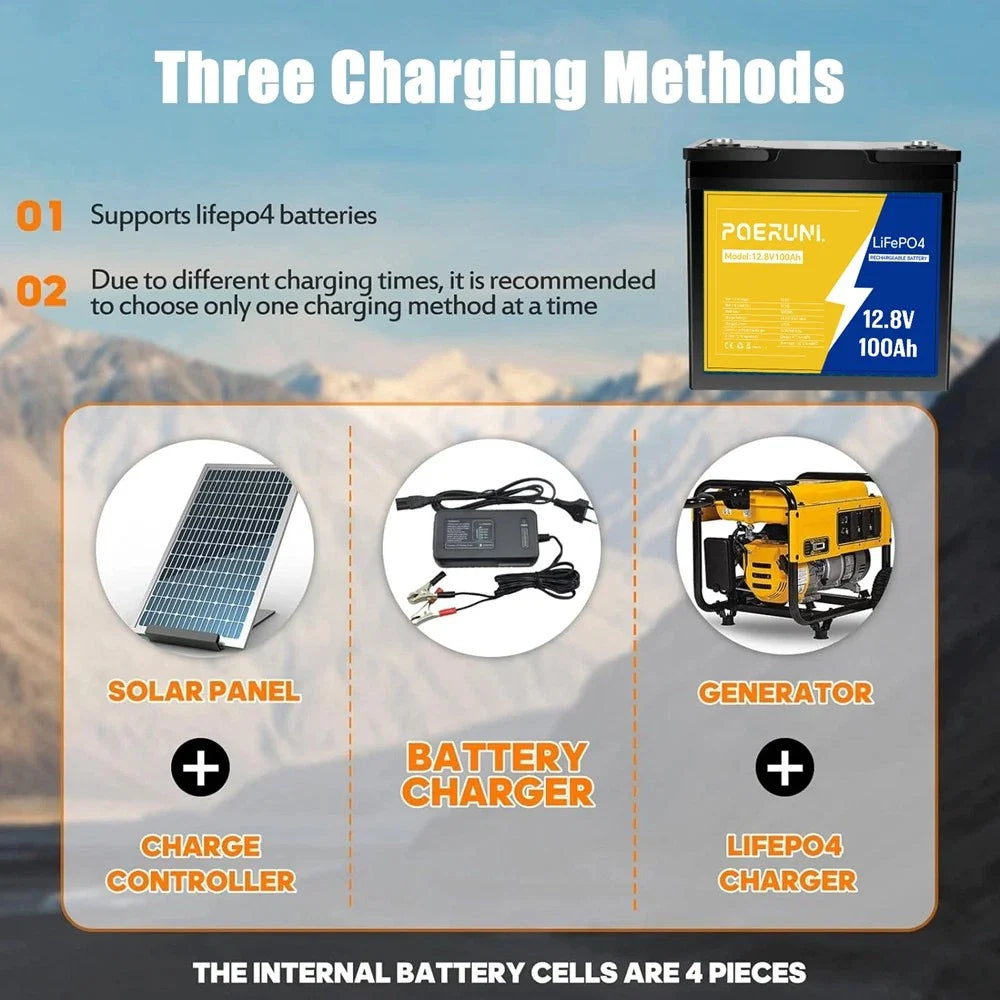 POERUNI 12V 100Ah LiFePO4 Lithium Battery Built-in BMS Cycle Deep for Solar RV Off-grid