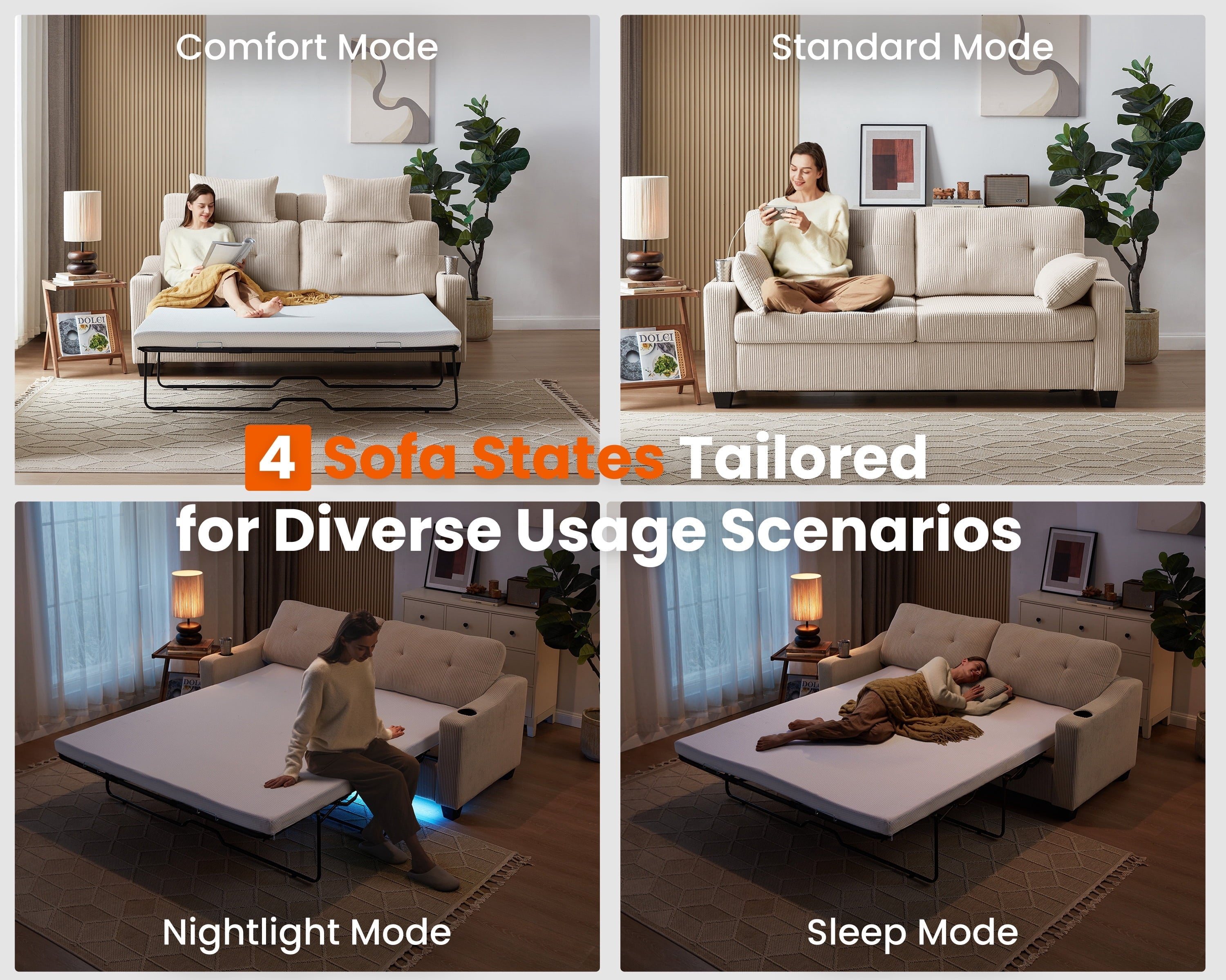 CHIC HOUSE Pull Out Sofa Bed Couch Queen Size with Mattress USB, Convertible Sleeper Sofa Loveseat for Small Spaces RV, Corduroy Pull Out Couch Bed for Living Room with Cup Holders LED Lights, Beige