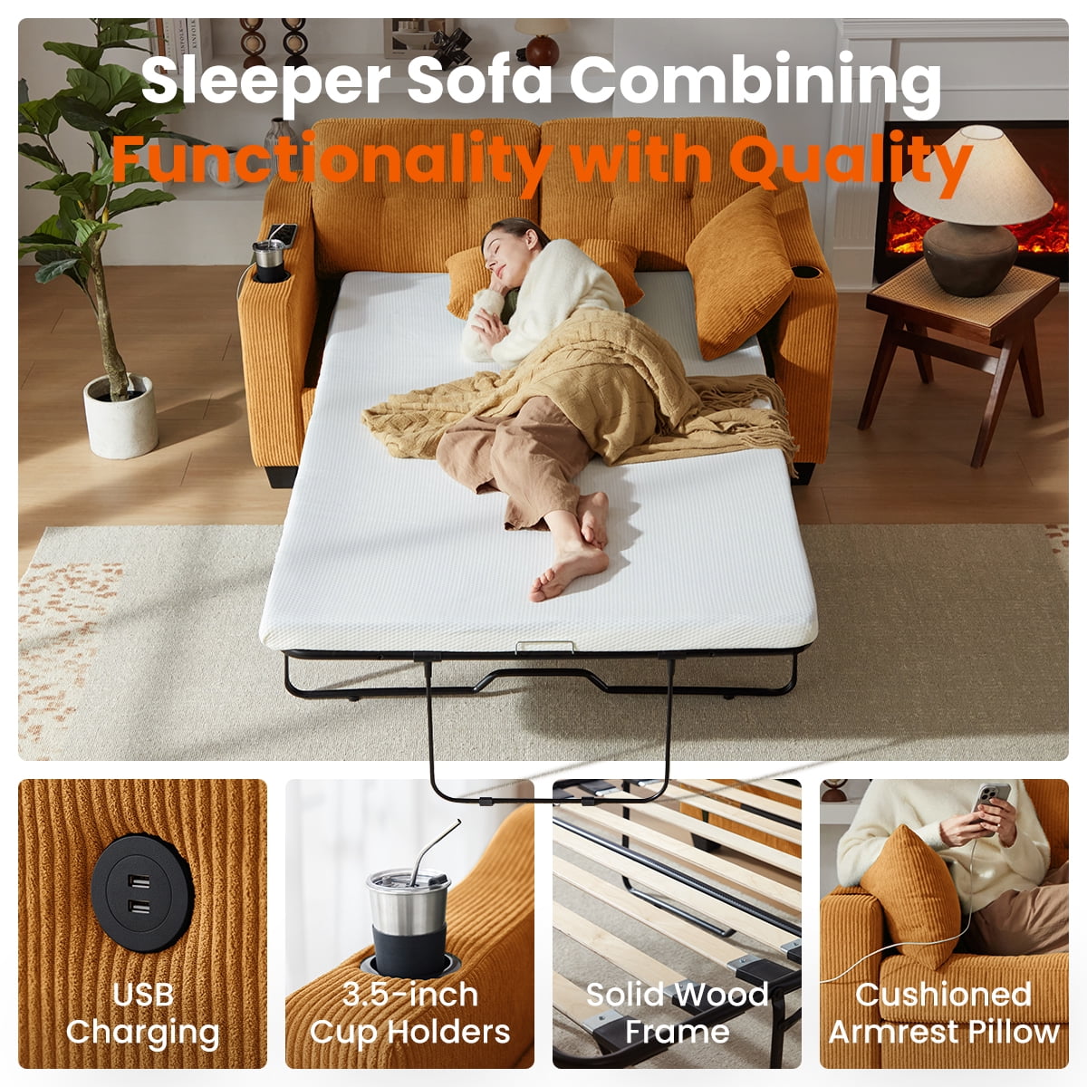 CHIC HOUSE Pull Out Sofa Bed Couch Queen Size with Mattress USB, Convertible Sleeper Sofa Loveseat for Small Spaces RV, Corduroy Pull Out Couch Bed for Living Room with Cup Holders LED Lights, Beige