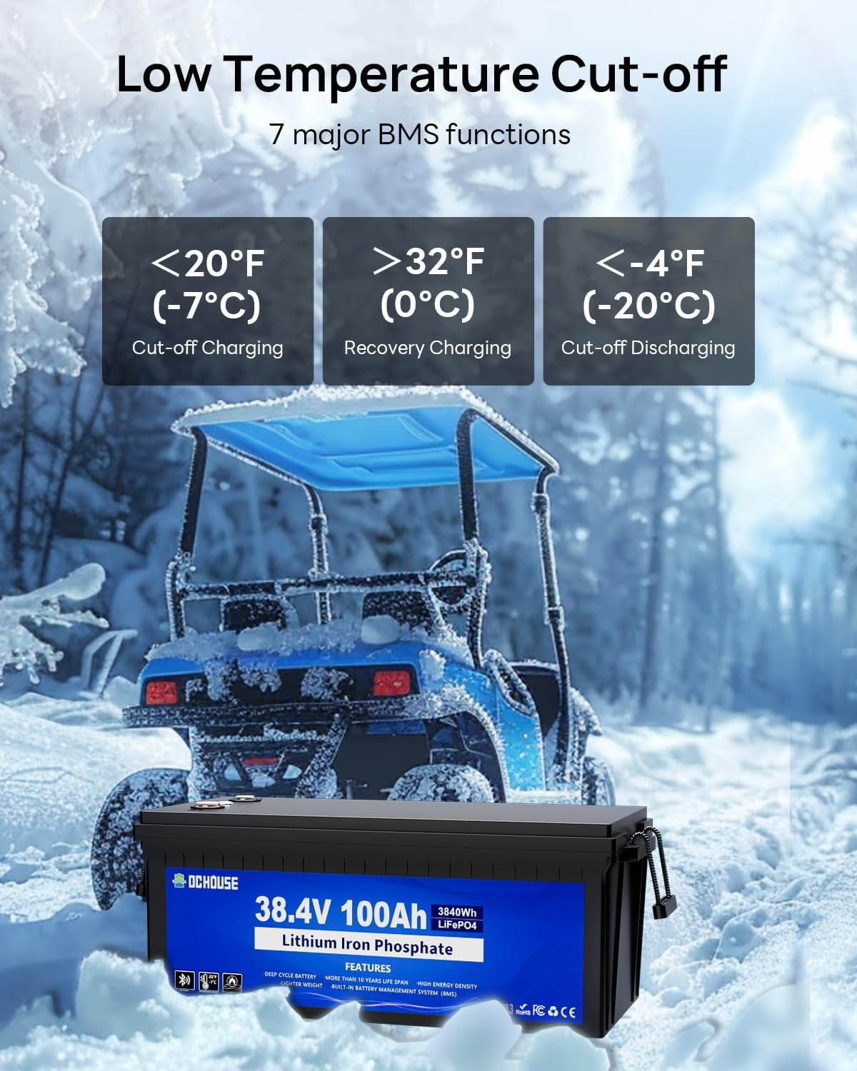 DC HOUSE Upgraded 36V 100Ah Lithium Golf Cart Battery w/Switch, Lifepo4 Battery with 36V 25A Charger, Bluetooth & LCD Monitor, 200A BMS, Peak Current 670A,for Trolling Motors,Marine