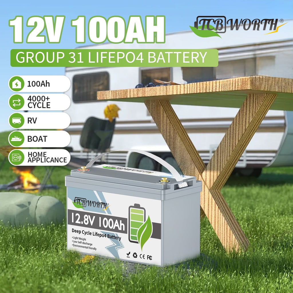 12V 100Ah LiFePO4 Lithium Battery,100A BMS,TCBWORTH Group 31 Battery for RV,Solar,Marine,Camping,Trolling Motor,off-Grid,Backup Power,Motorhome,15000+Deep Cycles