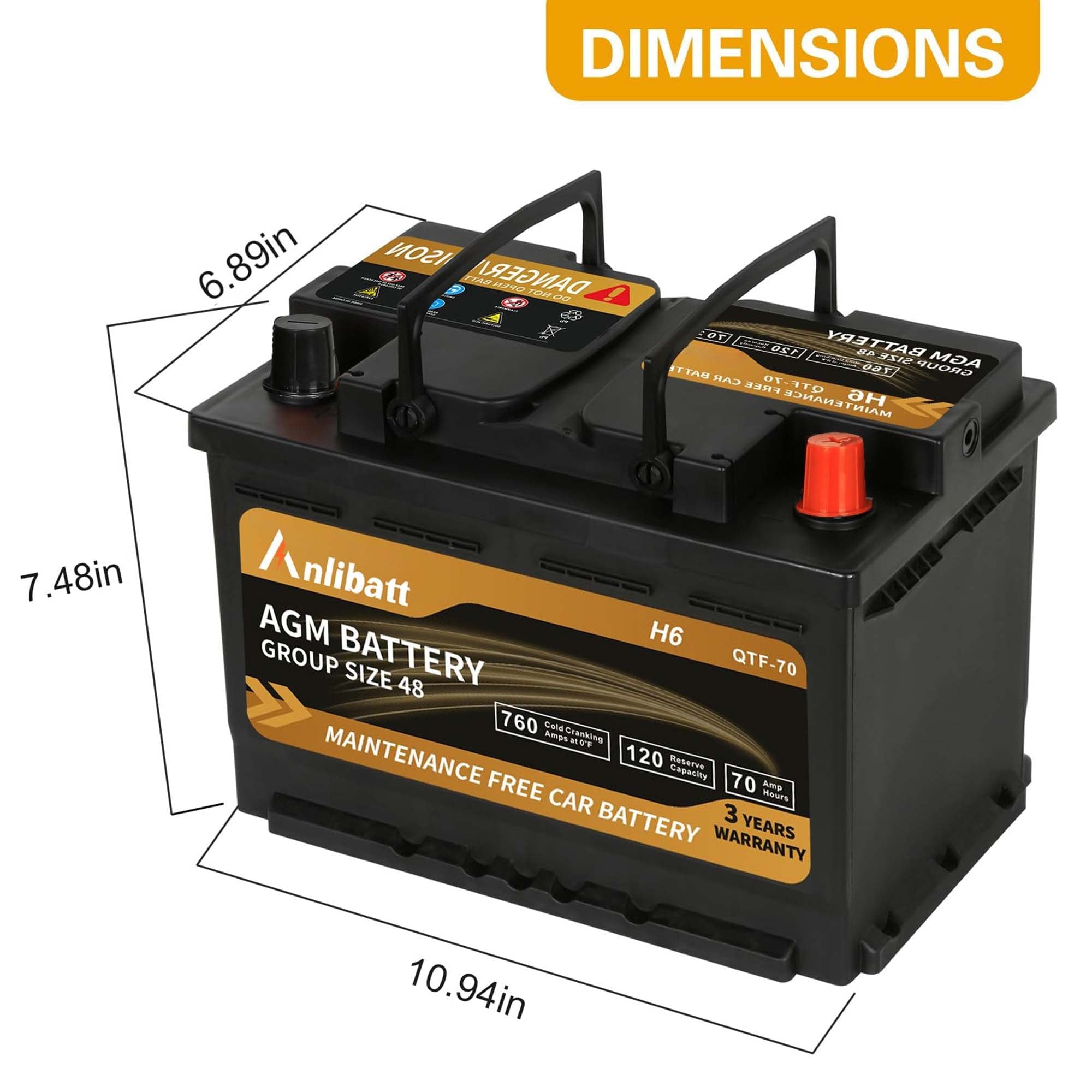 Anlibatt Platinum AGM Group 49 Battery, 12 Volt Rechargeable Automotive Batteries for Car, H8 900CCA 95Ah 160RC