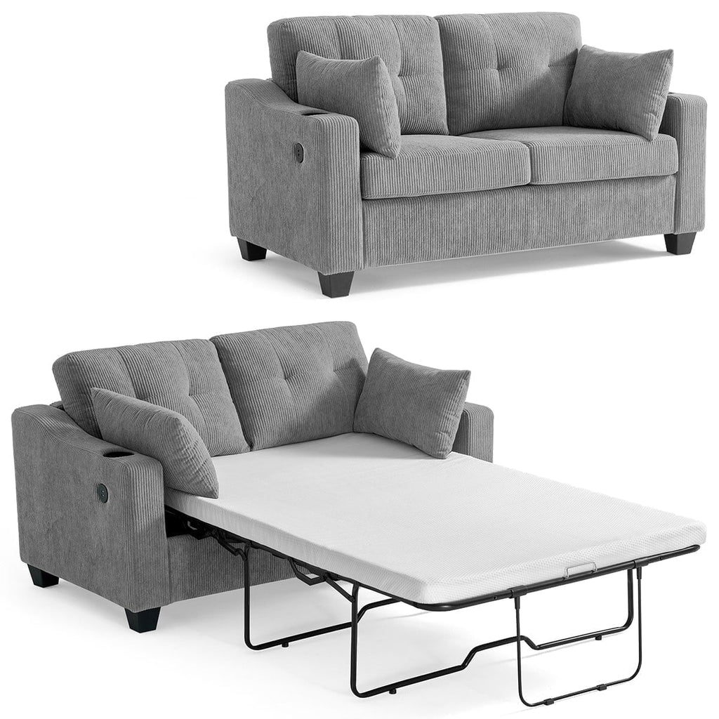 CHIC HOUSE Pull Out Sofa Bed Couch Queen Size with Mattress USB, Convertible Sleeper Sofa Loveseat for Small Spaces RV, Corduroy Pull Out Couch Bed for Living Room with Cup Holders LED Lights, Beige