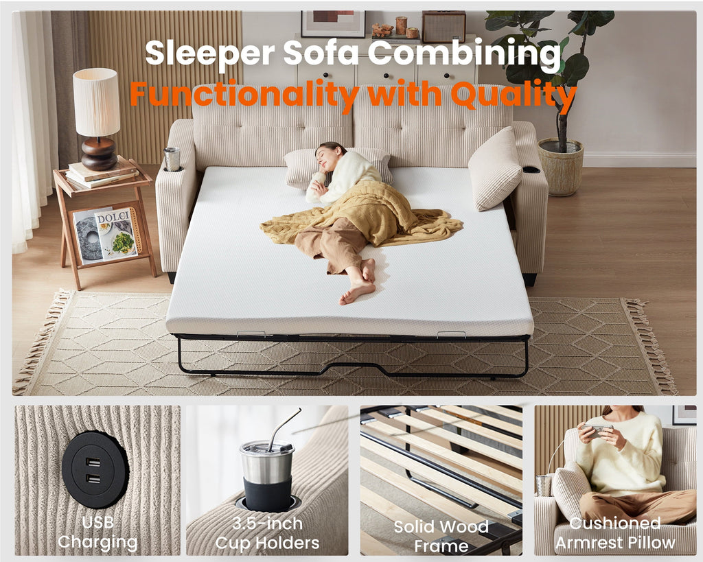 CHIC HOUSE Pull Out Sofa Bed Couch Queen Size with Mattress USB, Convertible Sleeper Sofa Loveseat for Small Spaces RV, Corduroy Pull Out Couch Bed for Living Room with Cup Holders LED Lights, Beige