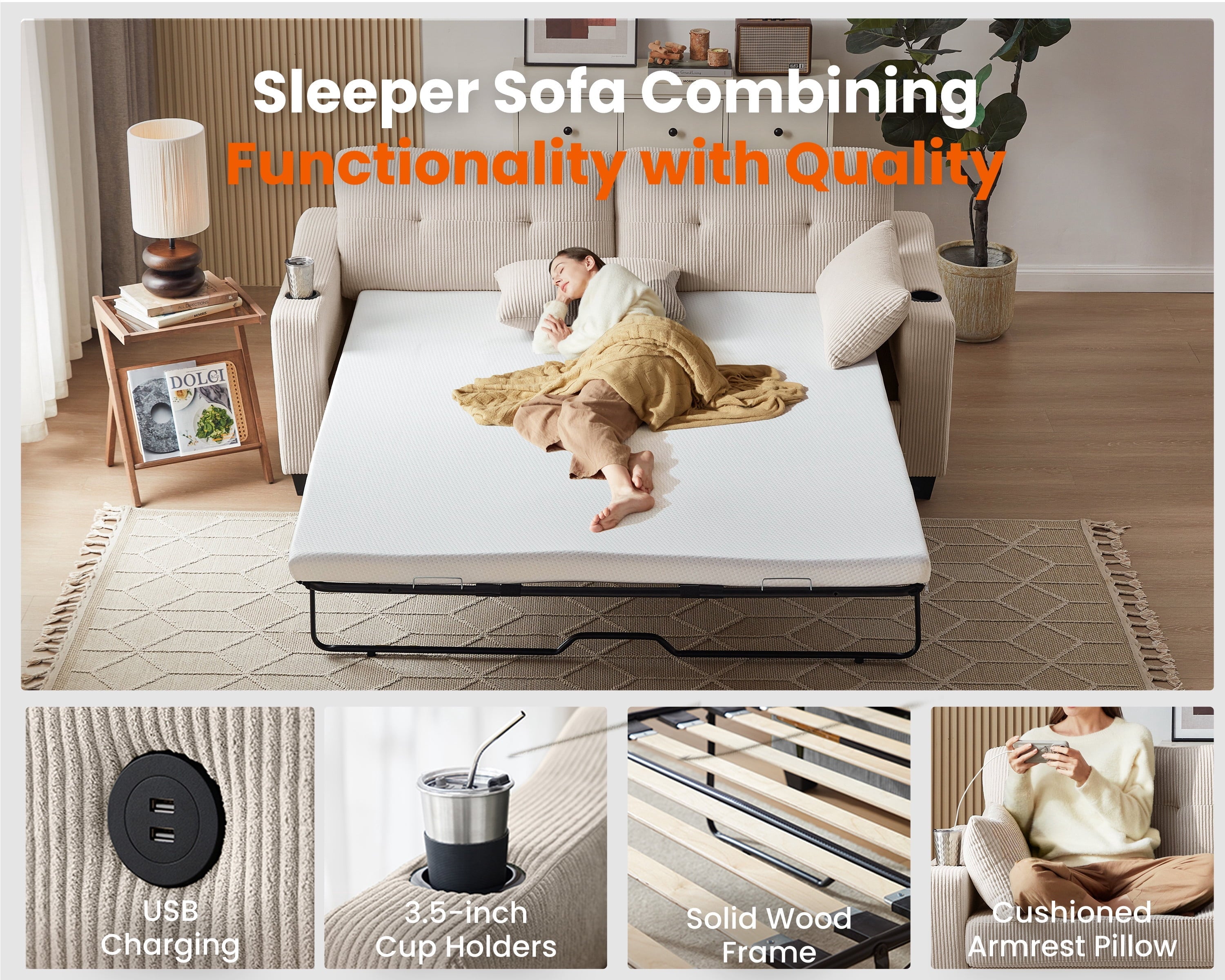 CHIC HOUSE Pull Out Sofa Bed Couch Queen Size with Mattress USB, Convertible Sleeper Sofa Loveseat for Small Spaces RV, Corduroy Pull Out Couch Bed for Living Room with Cup Holders LED Lights, Beige