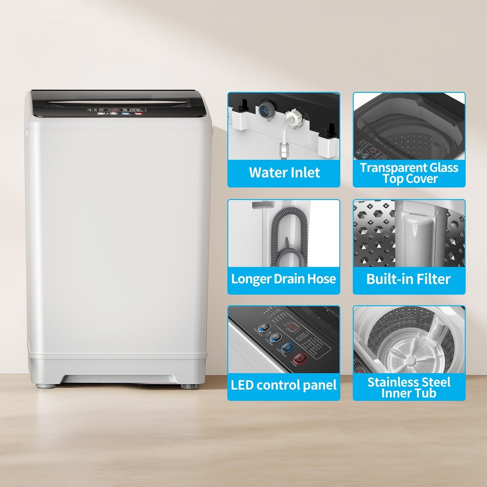 TABU Washer and Dryer Set, 19LBS Fully Automatic Washing Machine & 10LBS Clothes Dryer (White&White)