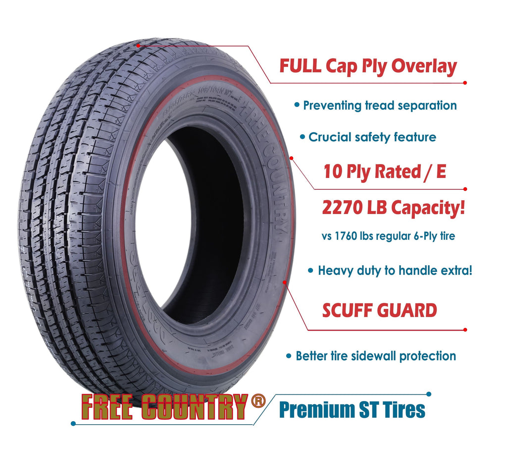 Free Country Heavy Duty Trailer Tire ST205/75R14 10-Ply Load Range E 109N Steel Belted Radial w/Scuff Guard 11192, Set4