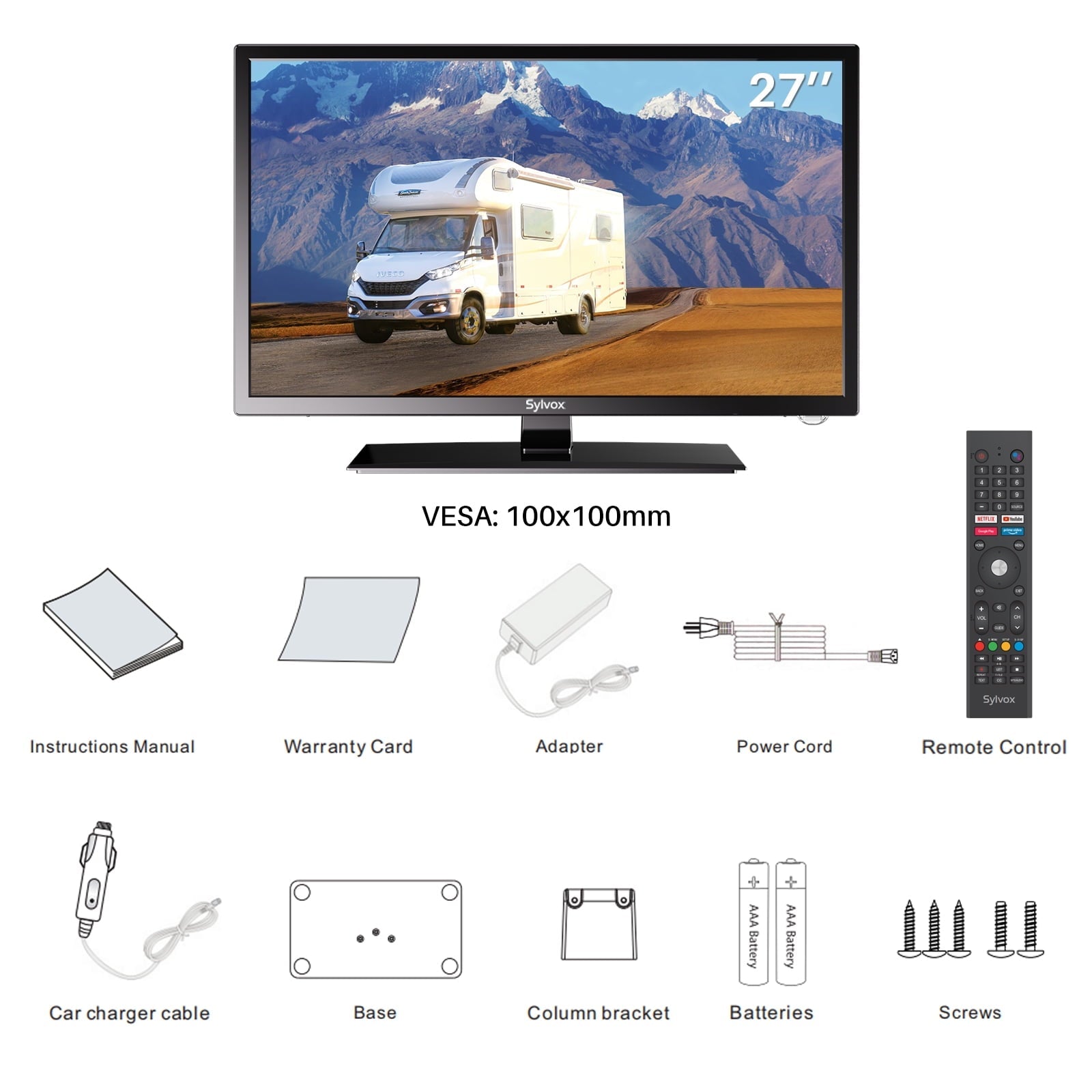 SYLVOX 27 Smart RV TV with Wall Mount, 12 Volt TV with Built-in DVD Player, 1080P Google OS ATSC NTSC WiFi Bluetooth HDMI USB, AC/DC Powered, for RV Camper Van (Trailer Series)