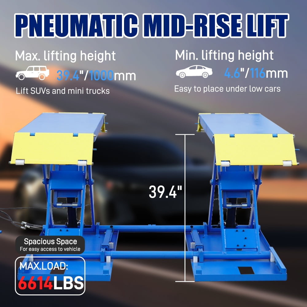 6614 lbs Mid-Rise Scissor Lift for Home Garage - 110V/60Hz Portable Car Lift with Pneumatic Release & 39.4 Lift Height - Heavy Duty Auto Lift for Truck & SUV Repair