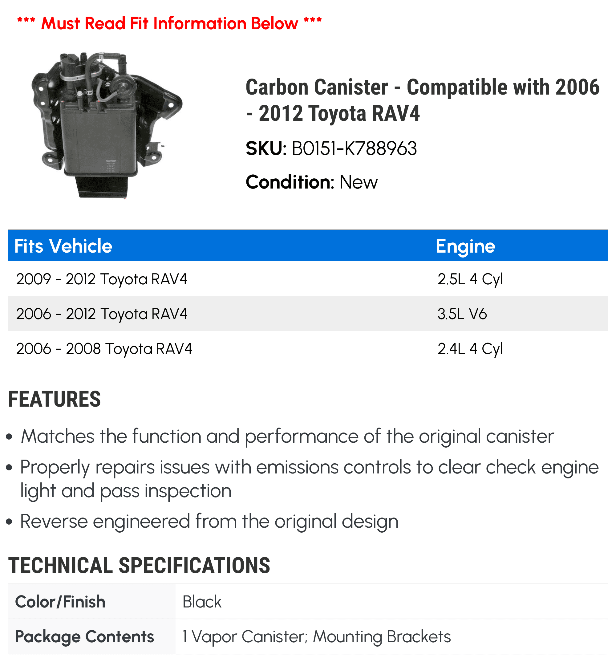 Carbon Canister - Compatible with 2006 - 2012 Toyota RAV4 2007 2008 2009 2010 2011