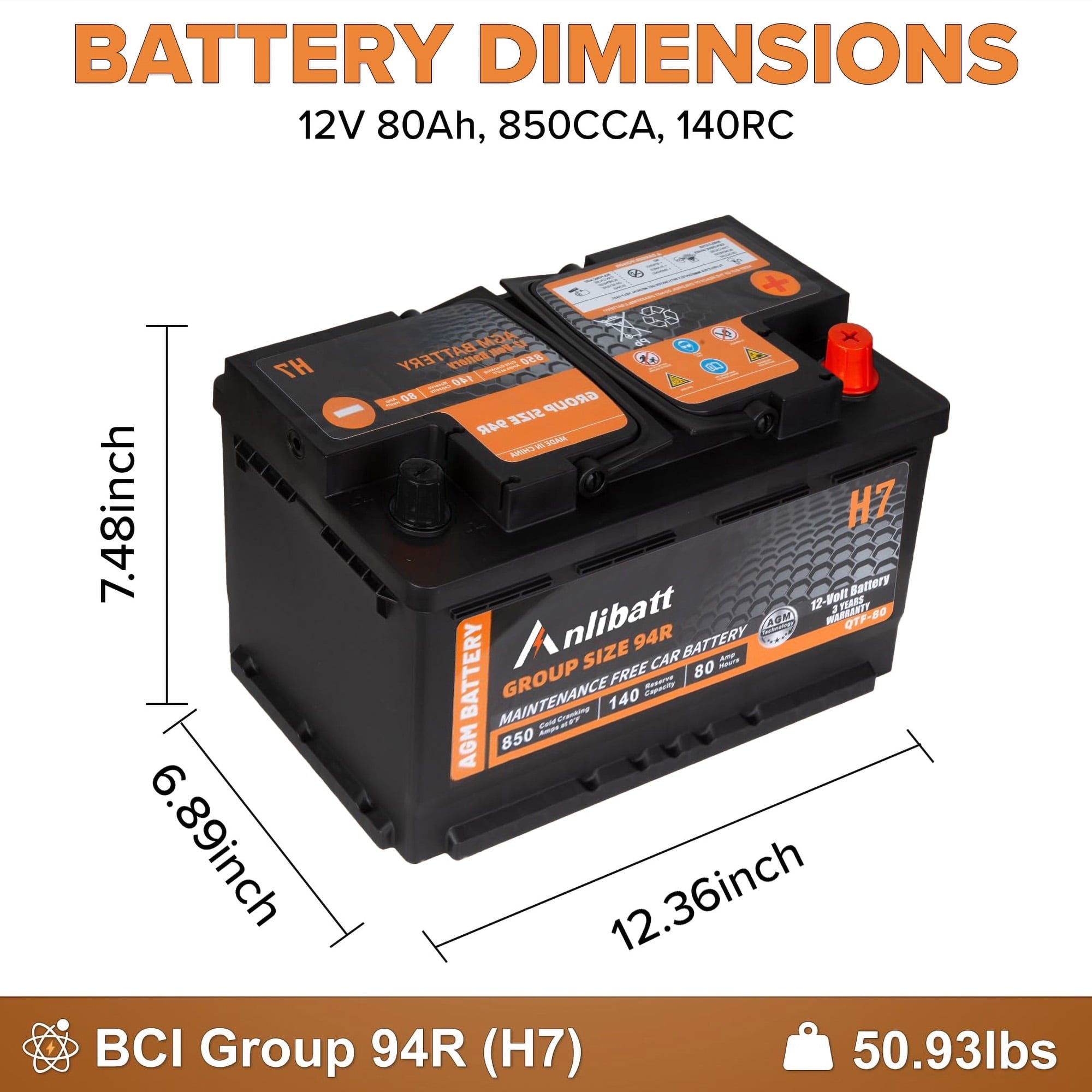 Anlibatt BCI Group 49 Battery, AGM 12 Volt Rechargeable Automotive Batteries for Car, H8 900CCA 95Ah 160RC Maintenance Free