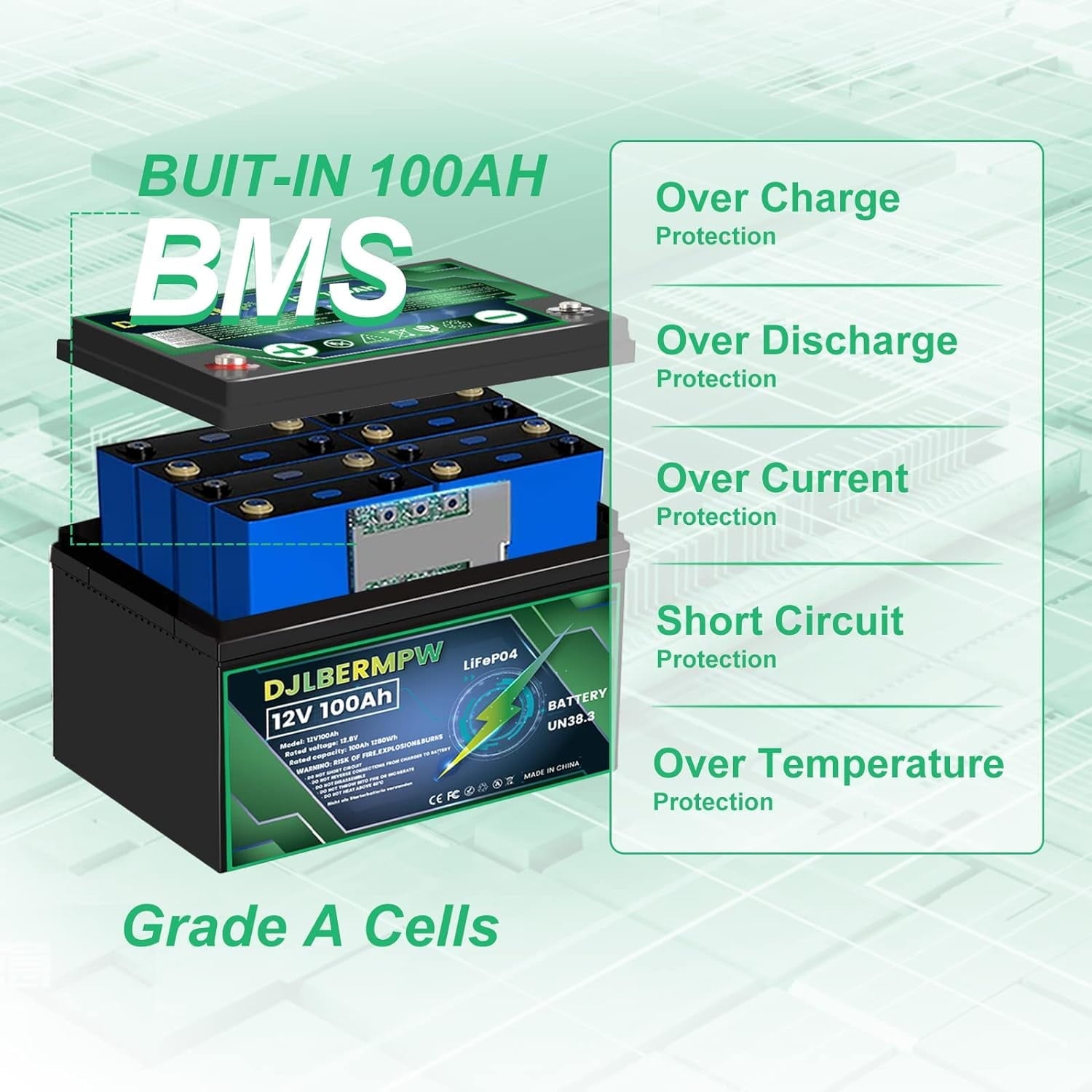 4Pack 12V 100Ah LiFePO4 Lithium Battery, DJLBERMPW 15000+ Deep Cycle Battery 100A BMS for 3HP Golf Cart, Marine, Backup Power, Solar System