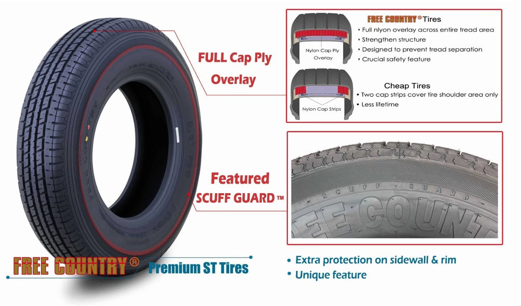 Free Country Heavy Duty ST205/75R15 10PR Load Range E Steel Belted Radial w/Scuff Guard Trailer Tire, Set of 4