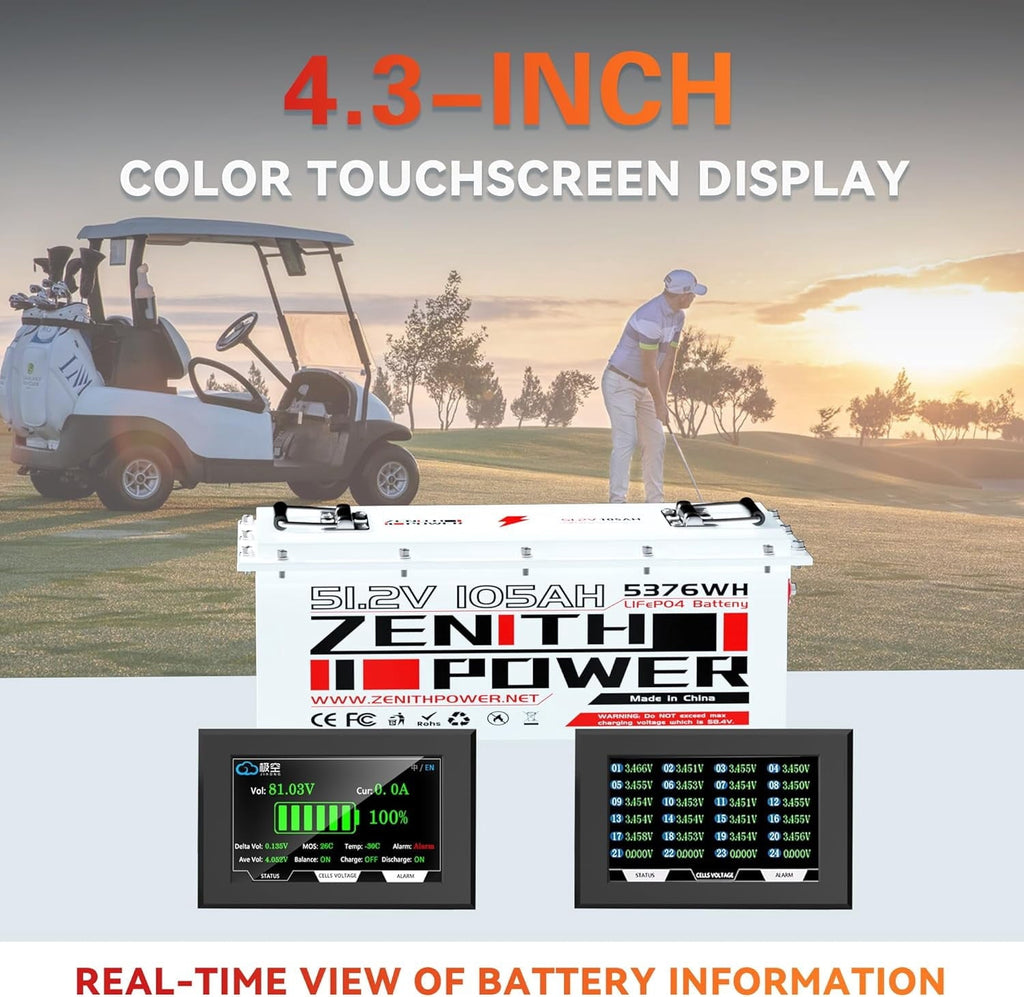 48V 105Ah LiFePO4 Golf Cart Lithium Battery, 200A BMS, 20A Charger, 4.3in LCD Display, 4000+ Deep Cycle Lithium Battery, Replacement for Lead-Acid in EZGO, Club Car, Yamaha