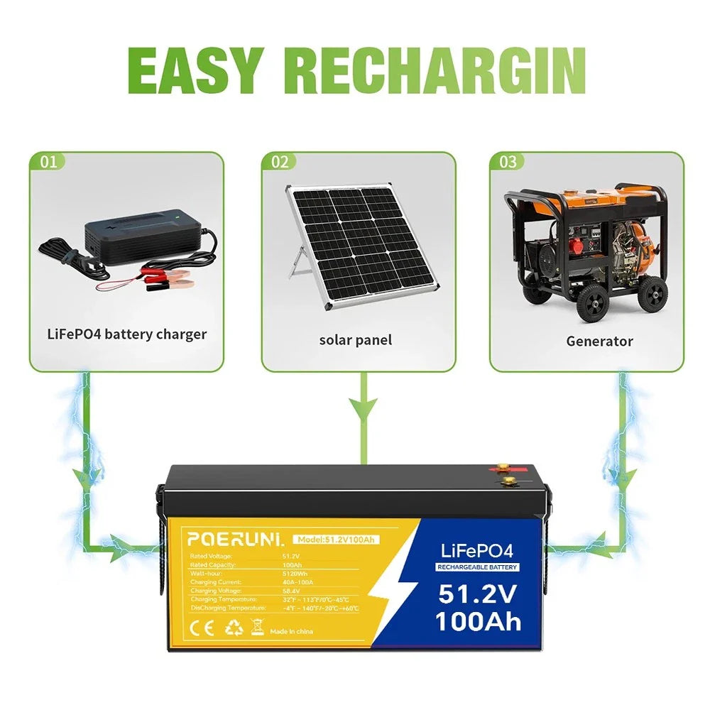 POERUNI 48V 100Ah LiFePO4 Lithium Battery BMS Deep Cycles for RV Solar Boat Golf Cart
