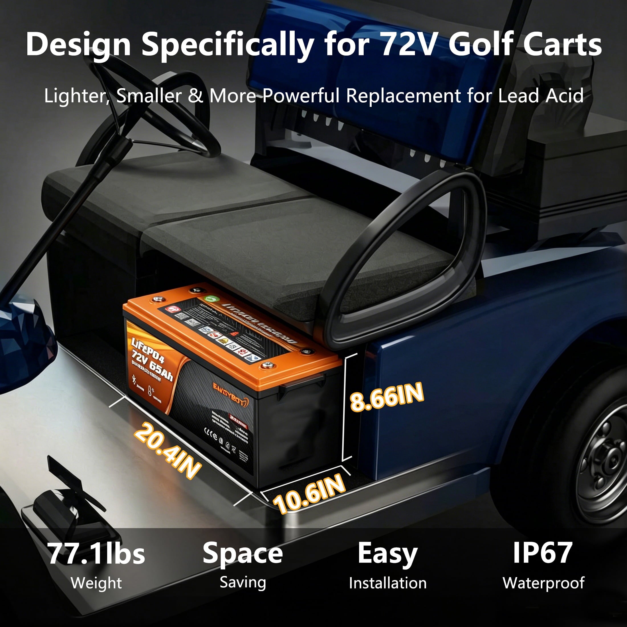 72V 65Ah LiFePO4 Golf Carts Battery, with Bluetooth & Mobile APP, Built-in 120A BMS, 4000+ Deep Cycles Battery, 4992Wh, Perfect for Golf Carts